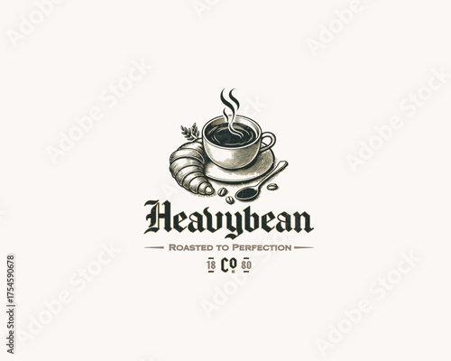 vintage a cup of coffee with croissant bakery coffeeshop logo template
