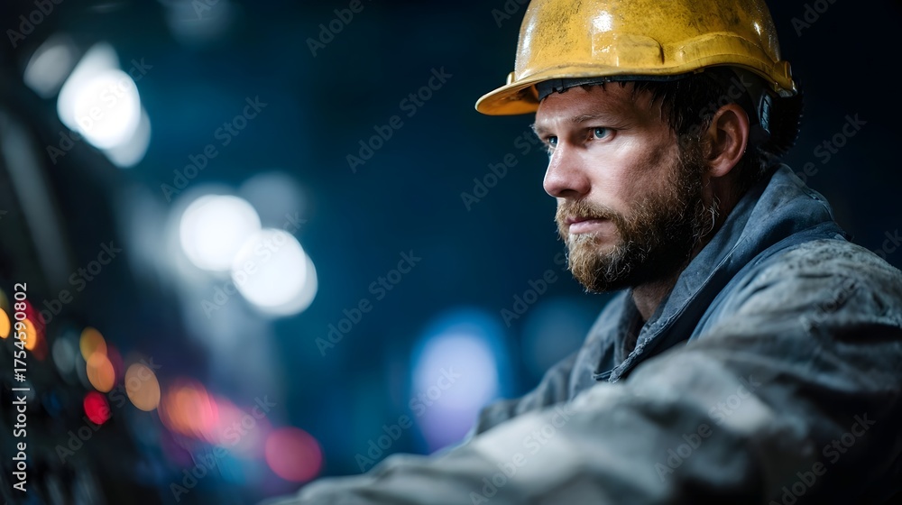 Fototapeta premium Focused industrial worker wearing a yellow hard hat monitors equipment in a dimly lit facility