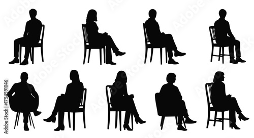 Silhouettes of people sitting on chairs in various poses, illustrating diverse postures and body language for design and communication