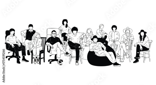 A minimalist black and white line drawing of a diverse group of people sitting in various chairs and poses, conveying a sense of community and individuality