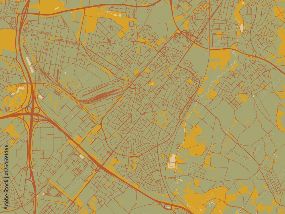 Obraz premium Modern flat map poster of Geleen, Netherlands in sage/olive tone field with rust networks and ochre shapes, cream water.