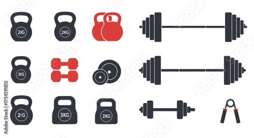 Various weights and fitness equipment icons displayed in a flat vector style