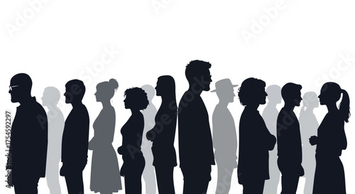 Vector graphic of a diverse group of people standing in silhouette, representing a crowd, community, or society on a white background