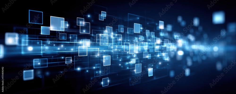 Obraz premium Social media control concept. A dynamic digital abstract image featuring glowing blue squares and lines, representing data flow and technology.