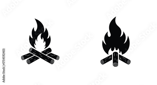 Two contrasting depictions of a campfire one detailed and one silhouetted