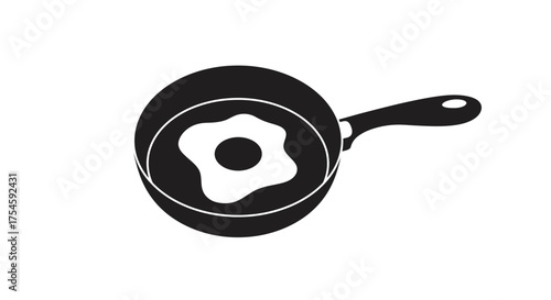 Simple black and white illustration of a frying pan with a fried egg
