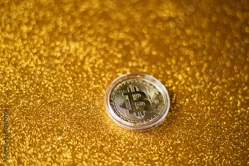 Bitcoin virtual money and fiat money coins Euro. Decentralised Cryptocurrency logo of BTC coin. 