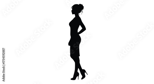 Black silhouette of a graceful woman standing in profile wearing a stylish dress and high heels. An elegant vector illustration representing confidence, fashion, and modern professionalism