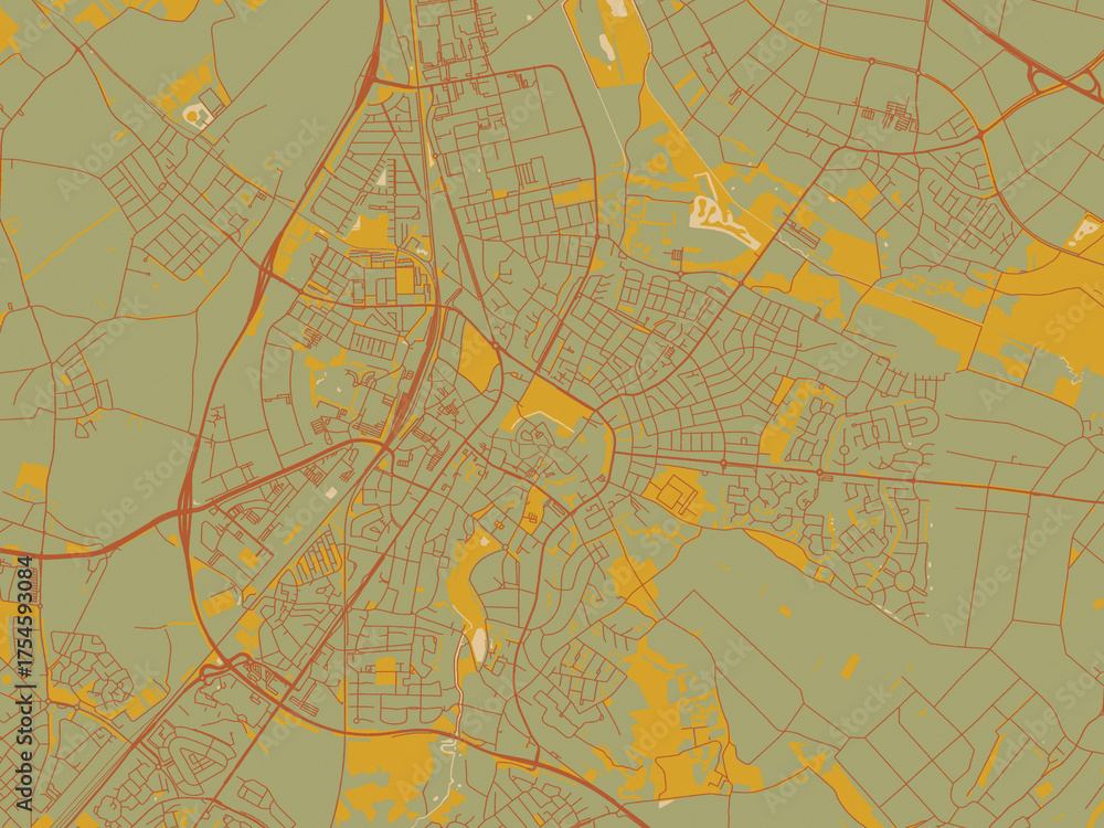 Naklejka premium Abstract flat-design map of Sittard, Netherlands, featuring sage green ground with rust-red roads and ochre accents.