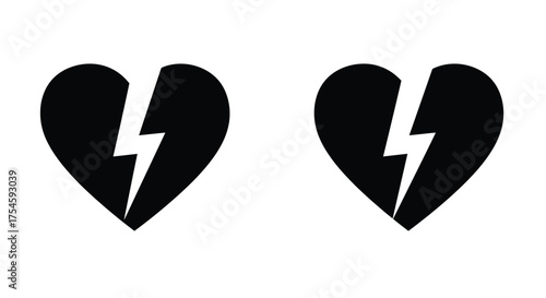 Two broken black hearts with lightning bolt cracks depicting heartbreak