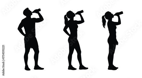 Three silhouettes of people drinking from water bottles outdoors