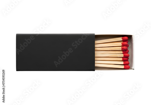 Open Matchbox Revealing Matches with Red Tips, on Black Background, Ready to Ignite, Fire Safety Concept, Wooden Matches Still Life