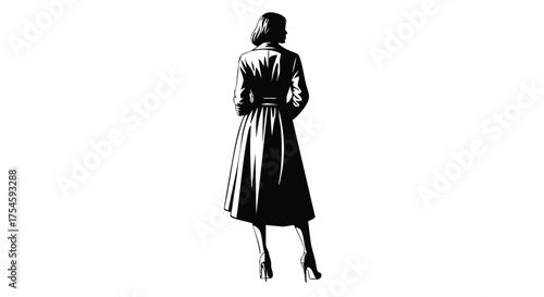 Elegant Woman Standing Alone Minimalist Silhouette in Black and White, Iconic Style