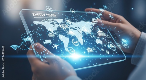 Hands holding tablet with glowing holographic “Supply Chain” network visualization, logistics and global connection icons, blue futuristic light theme