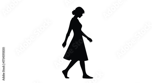 Silhouette of a woman in a dress walking with her head down, isolated on a white background
