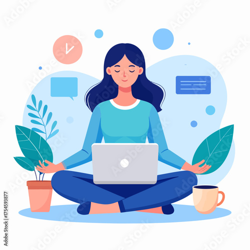 Calm Woman Meditating with Laptop CrossLegged Eyes Closed Peaceful Digital Illustration.
