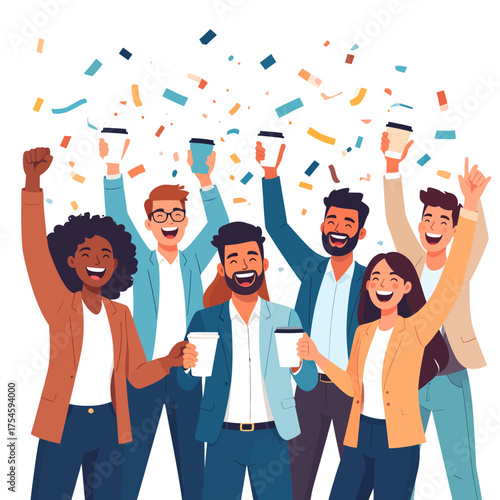 Diverse Group of Cheerful People Celebrating Success with Coffee Cups and Confetti.