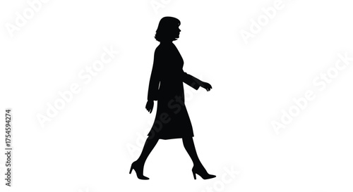Elegant black silhouette of a professional woman walking confidently. Isolated vector illustration for business and career concepts
