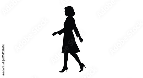 Silhouette of a woman in a coat and heels walking with her side profile visible against a white background