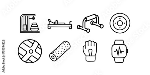 Gym and fitness line art vector icon set. Collection of workout equipment, machines, and accessories for sports and health design.