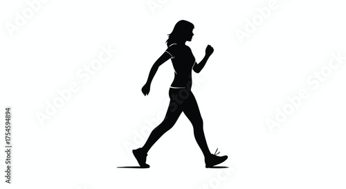 Silhouette of a woman walking briskly in profile, a simple vector icon representing fitness, exercise, and a healthy active lifestyle