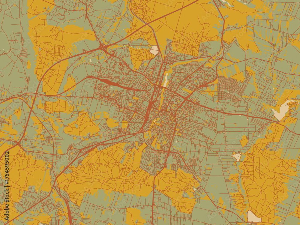 Fototapeta premium Graphic flat color map of Kielce, Poland in muted sage base, rust-colored roads, and soft ochre highlights.