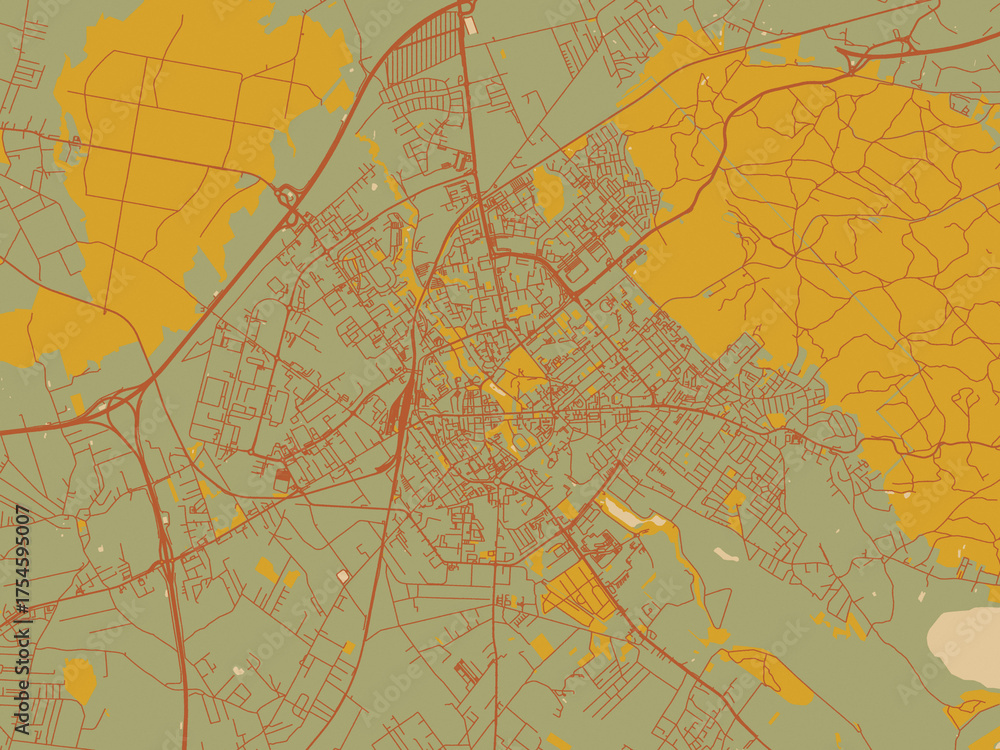 Fototapeta premium Contemporary flat map of Koszalin, Poland design with muted sage base, rust-colored roads, and soft ochre highlights.