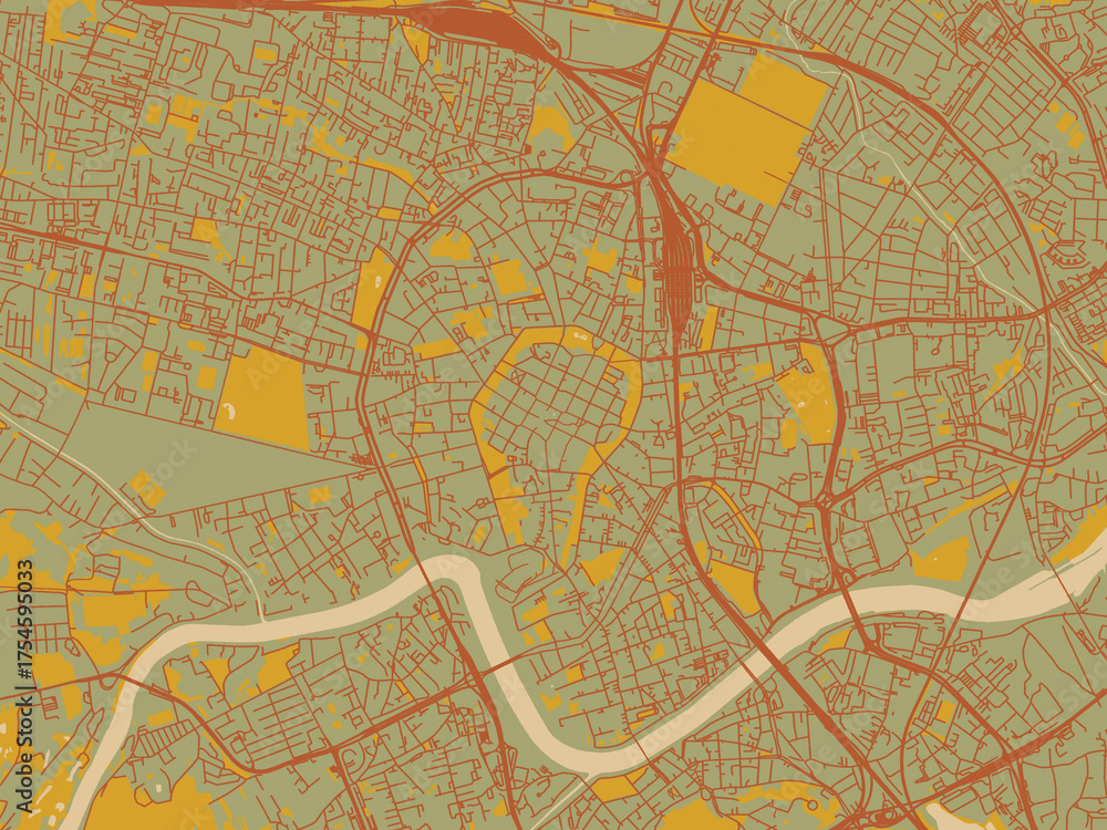 Fototapeta premium Stylized minimalist map of Krakow city center, Poland in olive backdrop with warm rust street network and ochre blocks.