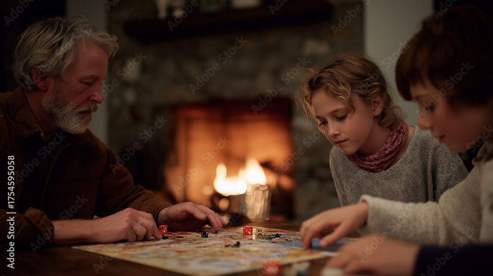 Fototapeta premium A warm family moment unfolds as they enjoy a board game at night near a crackling fire Generative AI