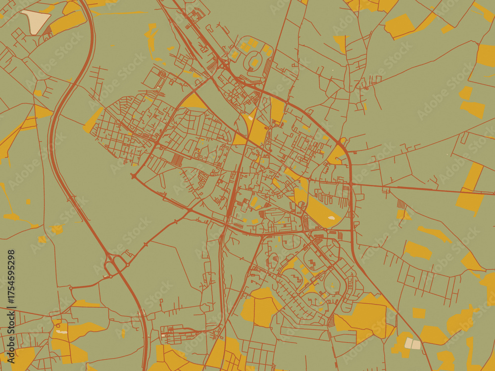 Fototapeta premium Graphic flat color map of Lubin, Poland in sage/olive tone field with rust networks and ochre shapes, cream water.