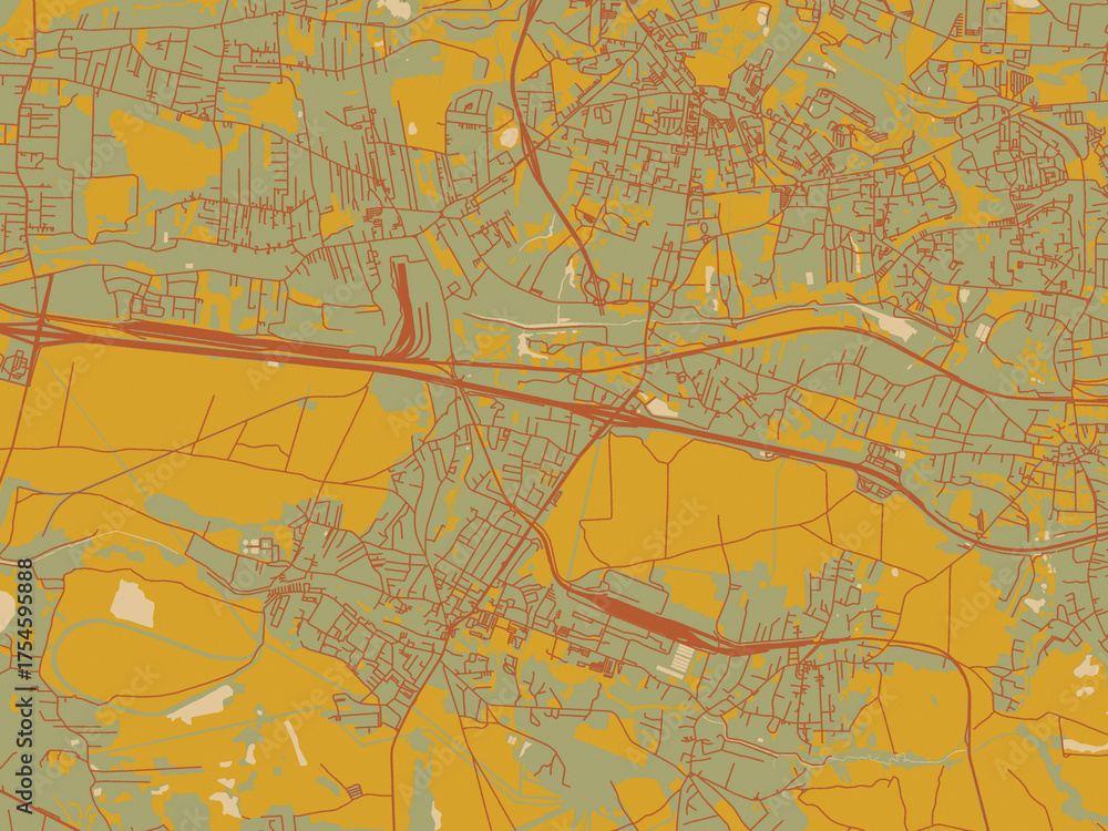 Fototapeta premium Poster-ready flat map of Ruda Slaska, Poland, earthy sage background with rust roadways and ochre details.