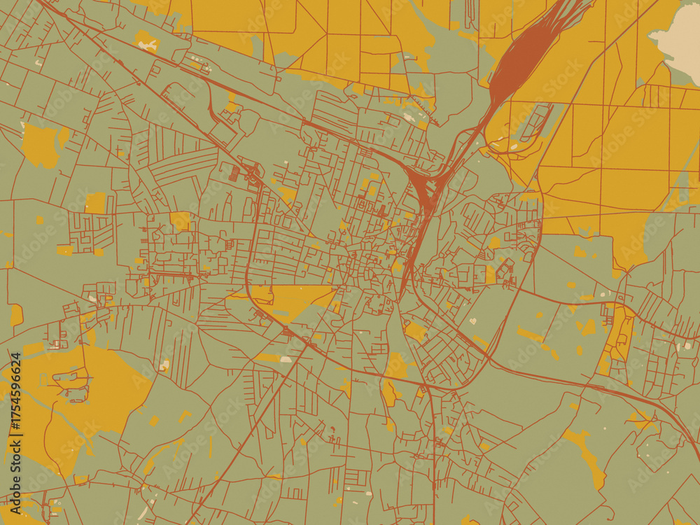 Fototapeta premium Graphic flat color map of Tarnowskie Gory, Poland in olive backdrop with warm rust street network and ochre blocks.