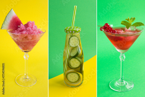 Collage. Cold lemonade or infused water with red currants, cucumber, lemon and granite  frozen watermelon dessert  in the drinking glasses  on a colored background.