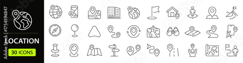 Location Web Icon Set in Line Style. Collection of Map Pin Linear Icons, Including Address, place, location, gps, directions, navigation, map, distance, map marker  and More. Editable Stroke.
