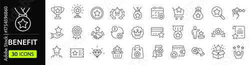 Benefit set of web icons in line style. Exclusive benefits linear icon collection. Containing reward, bonus, loyalty, star, winner, award, prize, incentive, reward  and more. Editable stroke