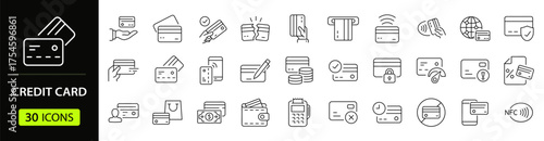 Credit card set of web icons in line style. A collection of linear icons representing credit card concepts, including payment, wallet, security, contactless payment, transaction. Editable stroke