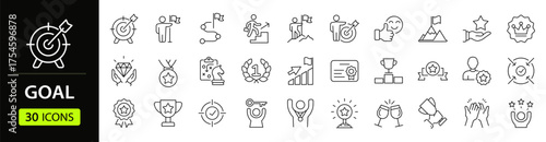 Business goal Web Icon Set in Line Style. Collection of Success Linear Icons, Including process, target, aim, focus, human resource, strategy, winner, action plan, strategy and more. Editable Stroke