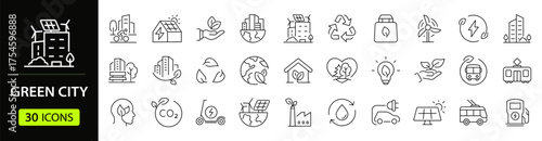 Green city Web Icon Set in Line Style. Collection of Green energy Linear Icons, Including renewable energy, autonomous building, air and water quality, zero waste, environmental. Editable Stroke