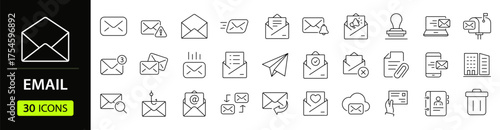 Email Web Icon Set in Line Style. Collection of E-mail and Letter Linear Icons, Including mail, envelope, email, postal, letter sent, inbox, new mail, reply and forward mail and more. Editable Stroke