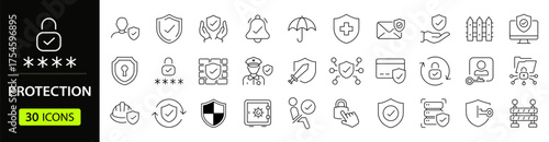 Protection Web Icon Set in Line Style. Collection of Security Linear Icons, Including defense, safe, safety and security, alarm, encryption, cybersecurity, locked, shield, guard, lock. Editable Stroke