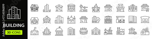 Building Web Icon Set in Line Style. Collection of House Linear Icons, Including city, office, house, skyscraper, bank, school, hotel, shop, university, hospital, church, mosque, factory, architecture