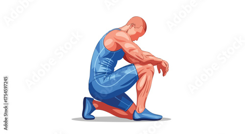 A male athlete, dressed in blue athletic wear, kneels on the ground with his head bowed, depicting a profound sense of exhaustion and physical fatigue after an intense workout or competitive event