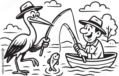 Fishing Fun – Cartoon Bird and Person with Rods in Lake Scene Line Art