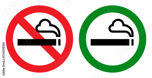 No smoking and smoking area signs set. Smoking and smoking prohibited zone.