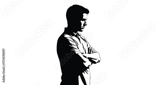 Monochrome vector silhouette illustration of a pensive man, arms crossed, looking down, capturing a moment of serious contemplation, quiet concern, or deep reflection