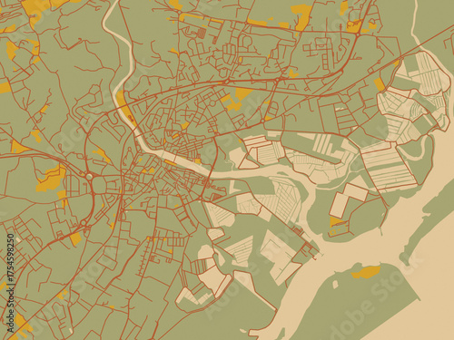 Abstract flat-design map of Tavira, Portugal, featuring sage green ground with rust-red roads and ochre accents.