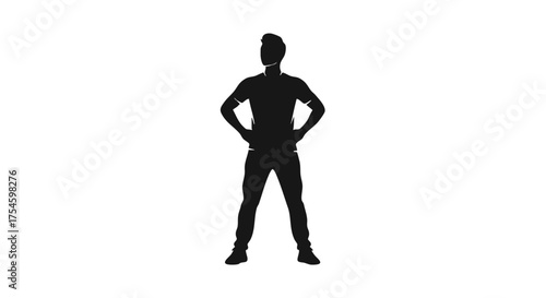 Dynamic silhouette of a confident man standing with hands on hips, exuding power and self-assurance against a clean white background, a versatile graphic for various design and communication needs