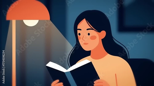 Animated woman reading a book in a cozy room with a lamp at night ambiance
