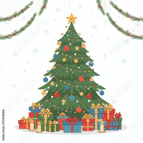 Festive christmas tree illustration with abundant gifts and garlands vector graphic