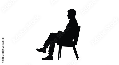 Black silhouette of a man sitting on a chair with crossed legs, isolated on a white background for concepts like waiting, rest, or contemplation